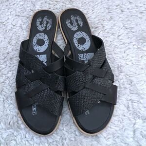 SOREL Women's 10.5 Ella Slide Sandals Black Leather Strappy Neutral Minimalist